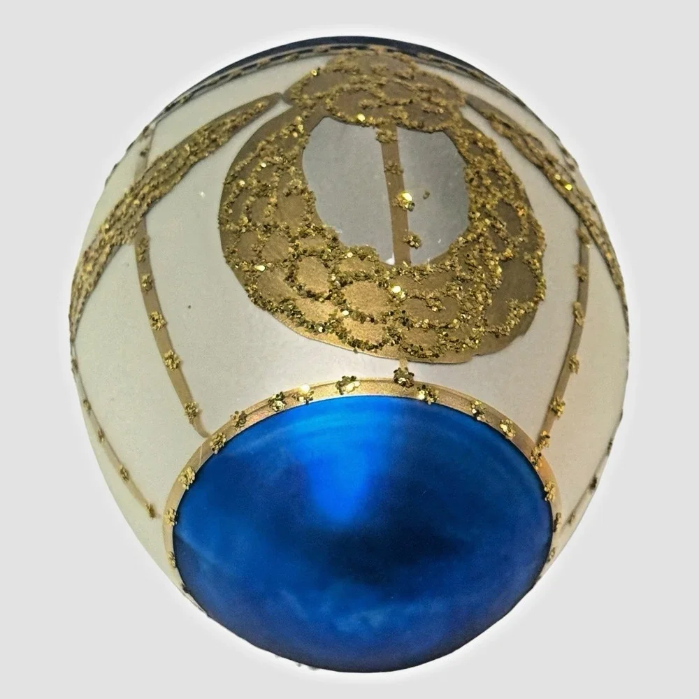 Whitehurst Germany Hand Painted Egg Blue White Gold Glass Ornament 4
